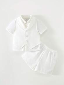 SHEIN Bộ quần áo lịch lãm 3 món cho bé trai, gồm áo sơ mi trắng tay ngắn, áo vest trắng và quần short trắng, thích hợp cho các dịp lễ, đám cưới, lễ rửa tội, tiệc mừng em bé chào đời, sinh nhật lần thứ nhất. - trắng - Xem 4