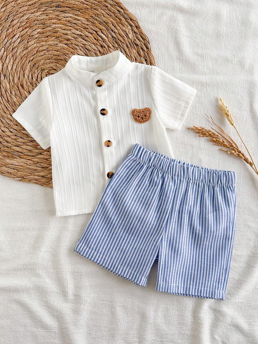 SHEIN Vintaside Kids Neugeborenen Baby Jungen Gentleman Stil Kurzarm Outfit, minimalistisch künstlerische Lässig Sommerkleidung für Säuglinge - Blau-Weiß - Übersicht 1