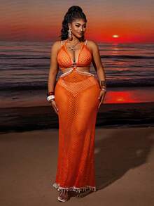 Maweii Sexy Backless Hollow See-Through Beach Gym Vacation Spaghetti Strap Dress With Pearl Trim For Women Brown Summer - Coral Orange - View 4