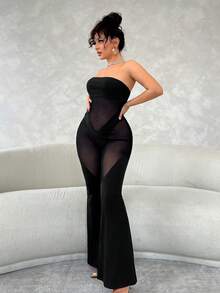 SHEIN SXY Black Dress Loose Pants Summer Women's Transparent Mesh Splicing Women's One-Piece Flared Pants - Black - View 4