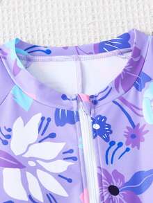 SHEIN Traje de baño de una pieza con cremallera con estampado floral tropical morado para niñas preadolescentes, ideal para vacaciones en la playa - Morado - Ver 3