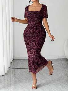 Velvienne Plus Size Leopard Print Short Sleeve Bodycon Dress, Slimming Fit Versatile Daily Wear, Spring/Summer - Hot Pink - View 6
