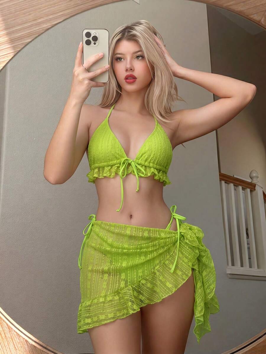 SHEIN Swim Mod Women's Fashion Versatile Lace Embroidery Halter Bra And Triangle Bikini Bottoms With Cover-Up Skirt 3-Piece Swimsuit Set - Lime Green - View 1
