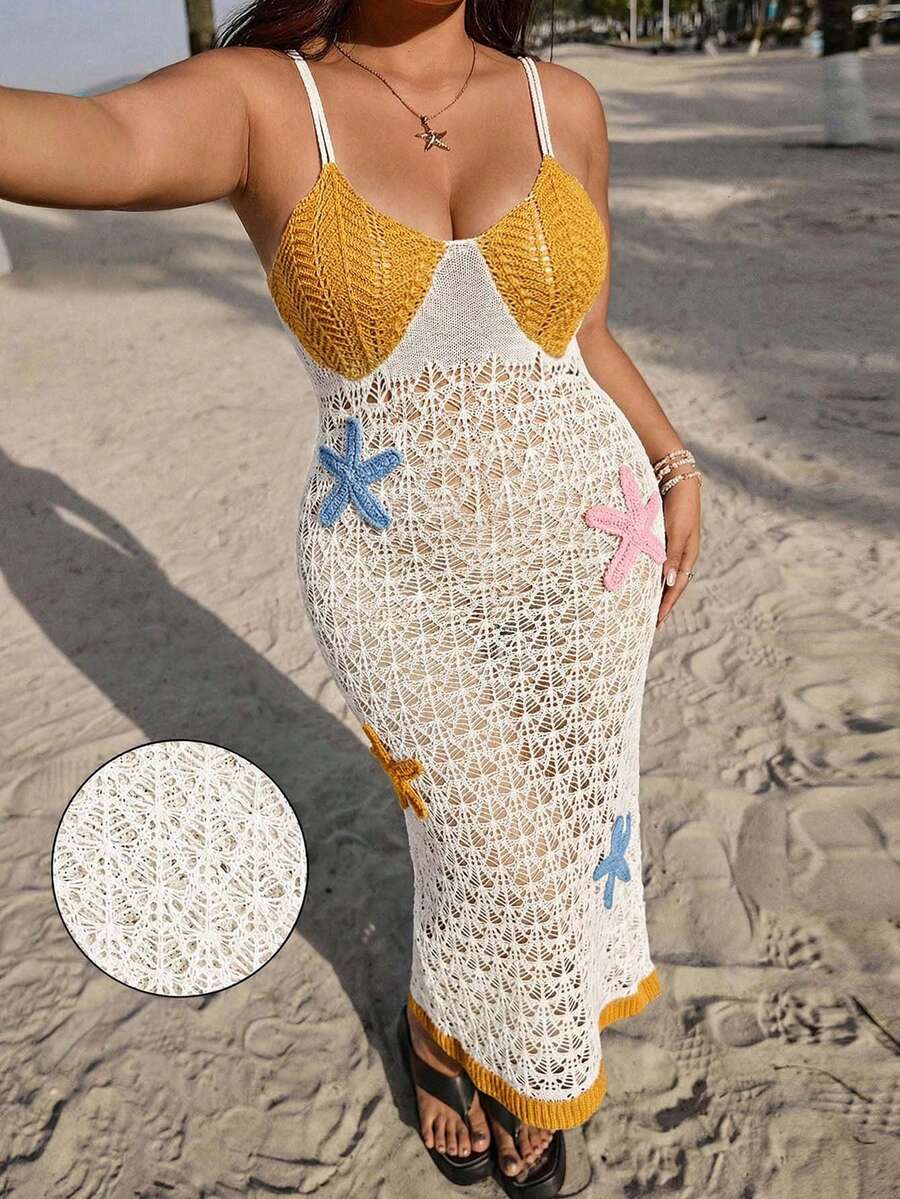 SHEIN EZwear 大码贝壳海星刺绣修身吊带连衣裙，春夏休闲度假装 - 彩色 - 查看 1
