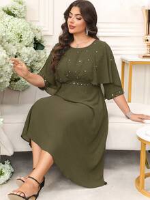 SHEIN Clasi 大码女式纯色珍珠装饰优雅连衣裙 - 軍綠色 - 查看 6