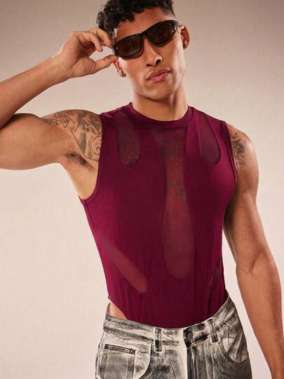 FeverCity Men's Sexy Mesh Patchwork Bodysuit