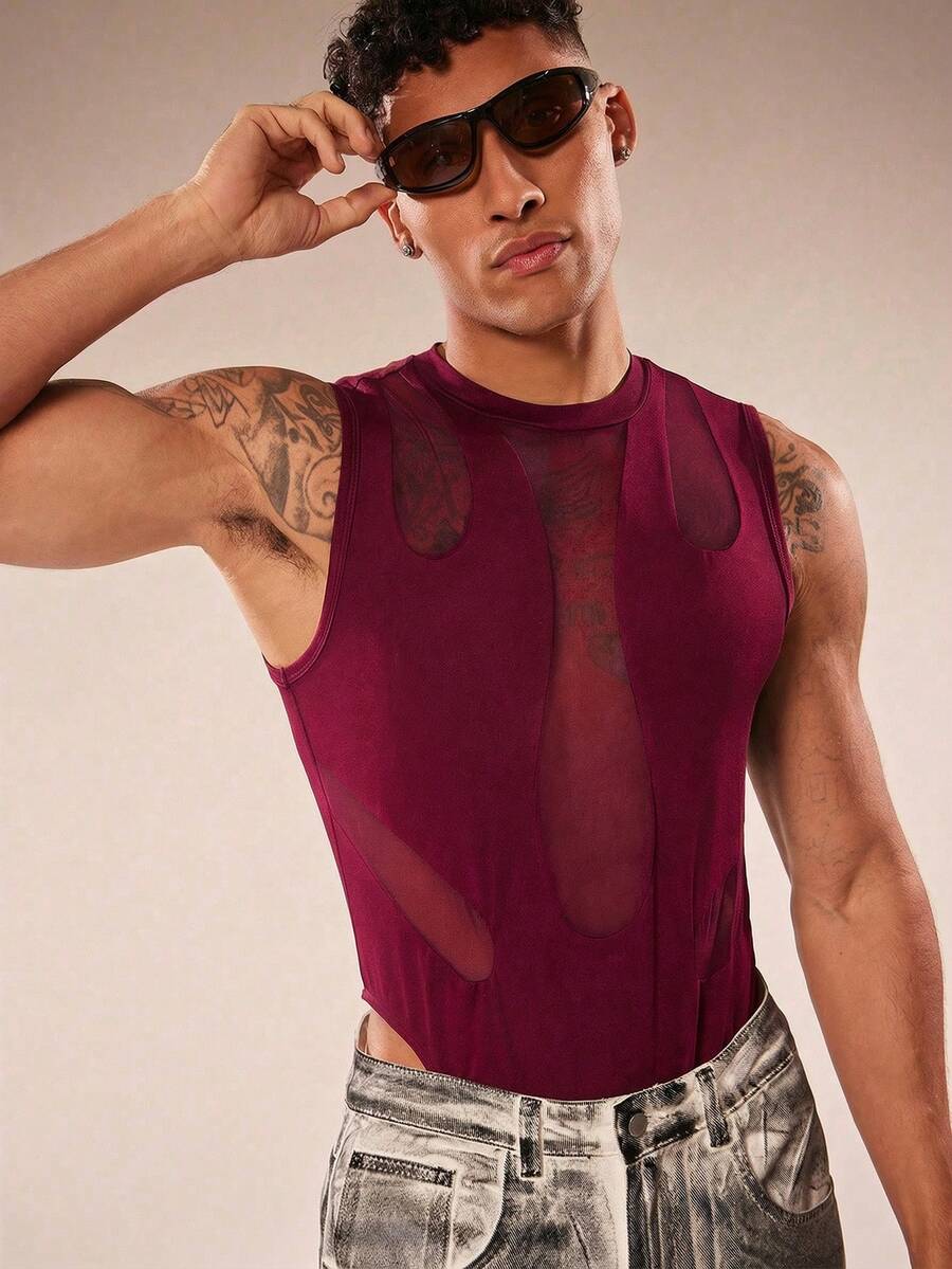 Men's Sexy Mesh Patchwork Bodysuit - Red - View 1