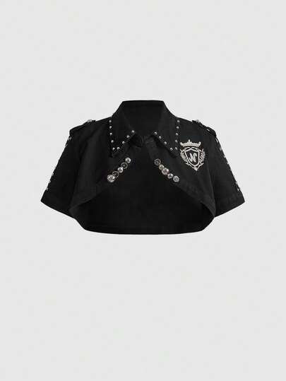 ROMWE Grunge Punk Áo sơ mi ngắn tay chống nắng phong cách Punk cổ điển, áo khoác ngắn, áo cardigan, áo khoác denim