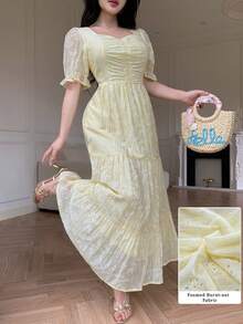 Modelyn Women's Soft Yellow Square Neck Vintage Hollow Out A-Line Dress,White Floral,Summer,Elegant,Graduation Wedding Guest Tea Party Sun Dress - Butter Yellow - View 7