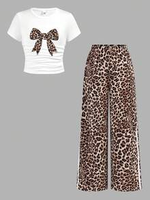 SHEIN Girlism Tween Girl Casual Street Fashion White T-Shirt With Leopard Print Bow Design & Leopard Print Pants Set - White - View 11