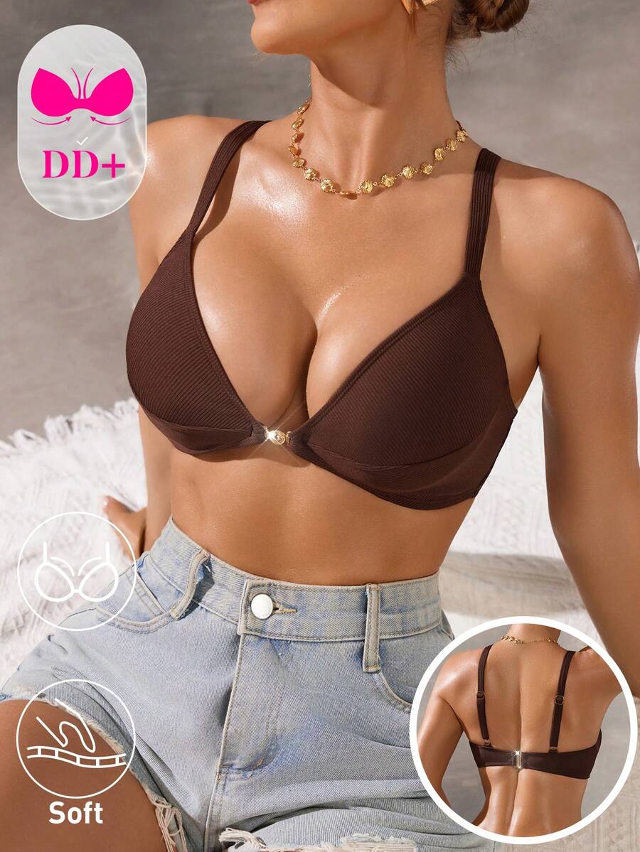 Voyashape 女士夏季沙滩纯色性感比基尼上衣 - 棕色 - 查看 1