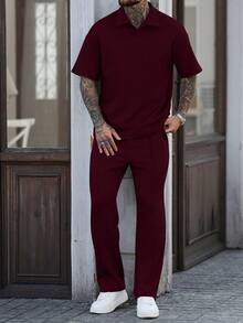 Manfinity Homme Conjunto de camisas polo casuales de manga corta con textura para hombre - Burdeos - Ver 5