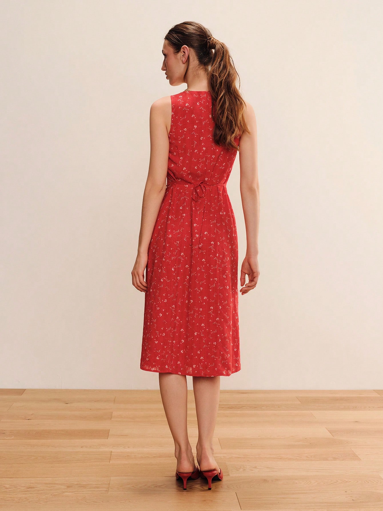 Red Floral Print Button Front Midi Tea Dress With Tie Back Detail Vintage Cute Spring Summer Elegant Dress Feminine Casual Holiday Dress French Style Dress