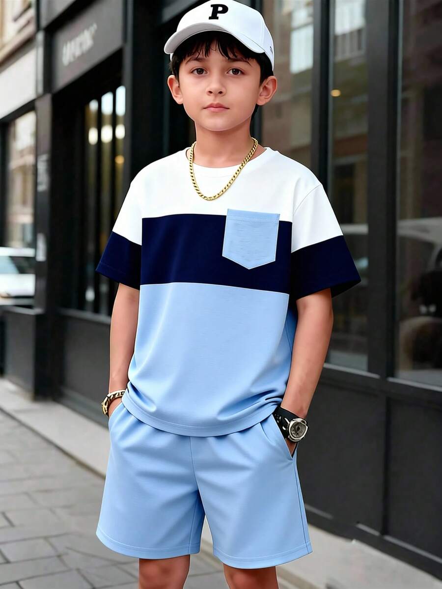 Vacaura 2pcs/Set Boys' Casual Colorblock Round Neck T-Shirt Set, Comfortable And Fashionable For Daily, School, And Sports Wear - Baby Blue - View 1