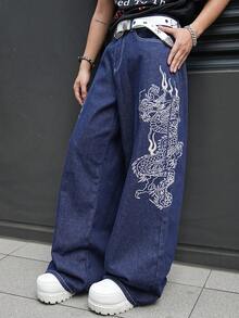 Manfinity EMRG Quần jean denim nam dáng rộng, in họa tiết, túi xéo, kiểu dáng thường ngày. - Màu xanh lam - Xem 5