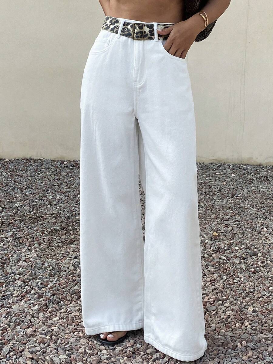 Livesso 女士休闲斜插口袋宽松阔腿牛仔裤 - 白色 - 查看 1