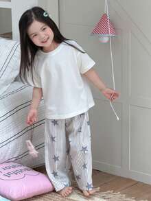 Dazy Kids Áo thun chui đầu rộng rãi + Quần ống đứng rộng in hình ngôi sao năm cánh, đồ mặc nhà cho bé gái (size nhỏ) - Màu Xám nhạt - Xem 7