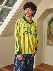 Open Phase Men's Striped Letter Print Polo Shirt, Casual & Fashionable, Suitable For Spring & Autumn - Yellow - View 5