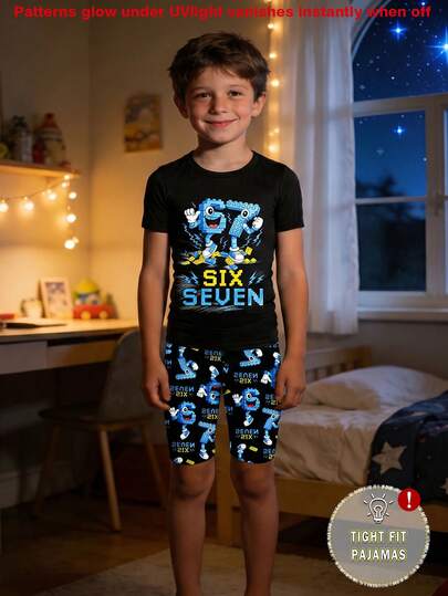 1set Young Boys Glow-In-The-Dark Graphic Print Knit Tight Fit Pajama Set With Round Neck Top And Allover Print Shorts, Includes UV Light For Night Glow Effect (UV Light Included), Great Gift For Kids