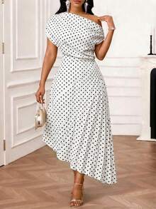 SHEIN Lady Plus Size Women's Polka Dot Pattern Asymmetric Neck Pleated Hem Elegant Dress - Black and White - View 1