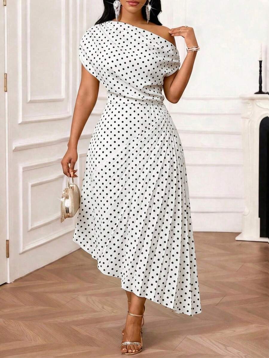 SHEIN Lady Plus Size Women's Polka Dot Pattern Asymmetric Neck Pleated Hem Elegant Dress - Black and White - View 1
