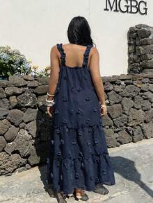 Sunnyshic Plus Size Square Neck Spaghetti Strap A-Line Dress, Vacation Style - Navy Blue - View 2