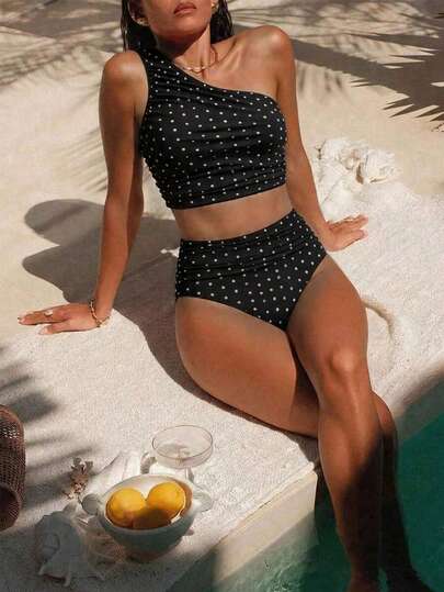 Swim Chiccia Conjunto de bikini con tirantes de espagueti y drapeado con estampado aleatorio para mujer Swim Chicsea-D, primavera/verano