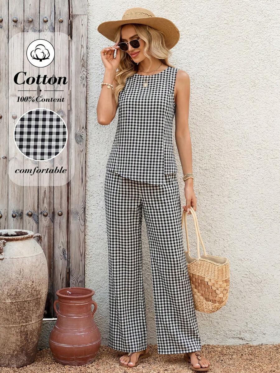 EMERY ROSE Bộ đồ nữ thường ngày kẻ caro gồm áo vest và quần dài, thích hợp cho mùa hè. - Đen và trắng - Xem 1
