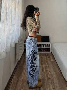 StreetHx Jeans acampanados con estampado retro vintage para tallas grandes - Azul lavado oscuro - Ver 2