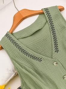 CosyJoli 大尺碼女款休閒刺繡上衣，無袖春夏款，鈕扣開襟，綠色可愛，日常穿著 - 綠色 - 查看 5