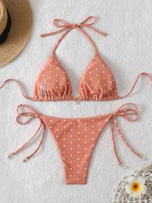 Swim Mod Bộ bikini gợi cảm buộc dây cổ, họa tiết chấm bi mùa hè dành cho nữ, đồ bơi in ngẫu nhiên cho nữ, bộ bikini chấm bi cho kỳ nghỉ du lịch biển tắm nắng, trang phục bikini nữ. - Nhiều màu - Xem 2