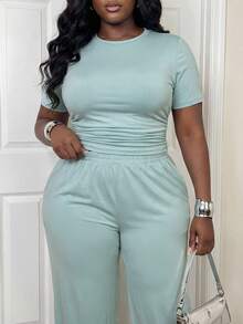 Slaydiva 2026春夏优雅通勤休闲套装，适合生日派对、毕业典礼、学生装、日常出行、百搭基础款、休闲度假、邮轮旅行、海滩、日光浴等场合，爆款单品，商务休闲、简约休闲风，夏季女装休闲鼠尾草色罗纹两件套，露脐上衣搭配松紧腰阔腿裤 - 蓝色 - 藍色 - 查看 7