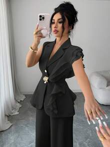 Traje formal elegante de mujer color albaricoque, conjunto de blazer con cuello de volantes de organza con lentejuelas y cintura con lazo, que incluye chaqueta sin mangas y pantalones rectos, color burdeos, adecuado para Halloween, Navidad, - Negro - Ver 2