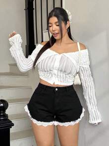 SHEIN EZwear 复古美式蓝色毛边牛仔短裤 - 黑色 - 查看 3
