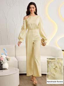 Modelyn Women's Elegant Slimming Mesh Patchwork Floral Long Sleeve Top And Straight Leg Pants Set - Apricot - View 8