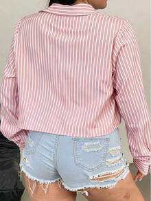 Vionelle Korean Style Collegiate Blue Striped Cropped Shirt For Women - Pink - View 2