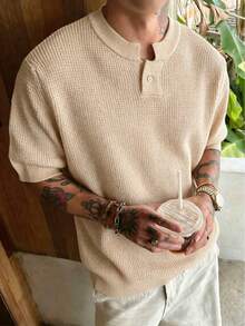 ROMWE MEN Essentials Men's Casual Button Half-Placket Short Sleeve Knit Top, Versatile Daily Wear - Apricot - View 7