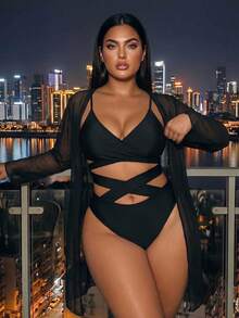 Swim SXY 大码女士优雅纯色露背性感比基尼三件套，包括交叉挂脖文胸上衣和镂空泳裤，搭配休闲开衫，适合海滩度假、约会、情人节穿着。 - 黑色 - 查看 1