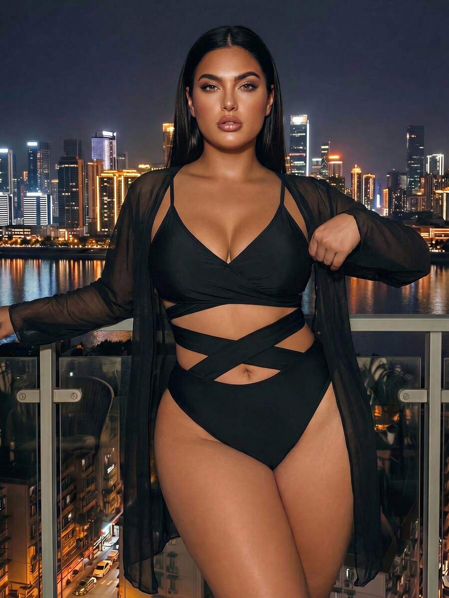 Swim SXY 大码女士优雅纯色露背性感比基尼三件套，包括交叉挂脖文胸上衣和镂空泳裤，搭配休闲开衫，适合海滩度假、约会、情人节穿着。 - 黑色 - 查看 1