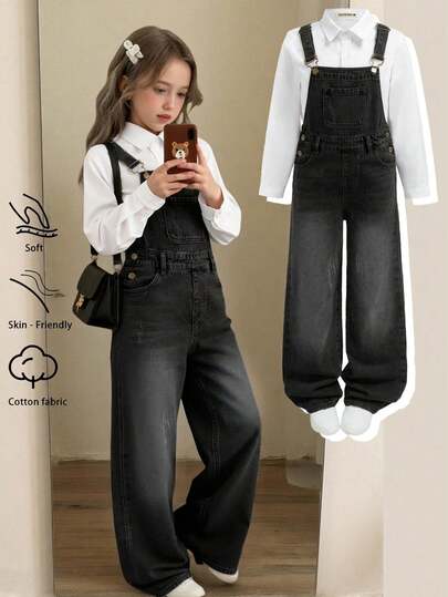 SHEIN Quần yếm denim màu xanh dáng rộng dành cho bé gái tuổi teen.
