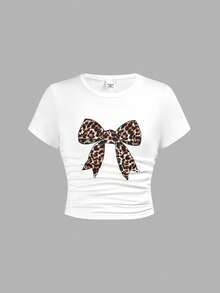 SHEIN Girlism Tween Girl Casual Street Fashion White T-Shirt With Leopard Print Bow Design & Leopard Print Pants Set - White - View 10