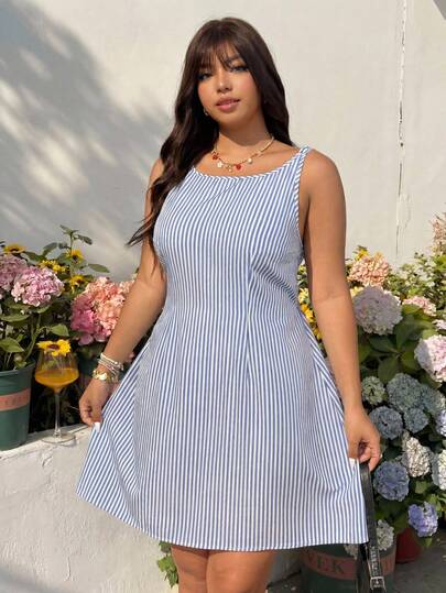 GalTyme Đầm không tay cổ tròn kẻ sọc dáng rộng dành cho nữ cỡ lớn