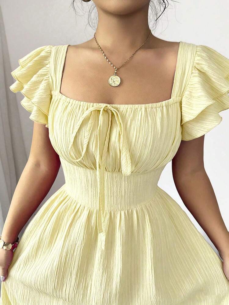 Elenzga New Design Women's Square Neck Double-Layer Ruffle Sleeve Front Bow Tie Back Lace-Up Waist Cinched Fashionable Casual Elegant Dress - Yellow - View 4