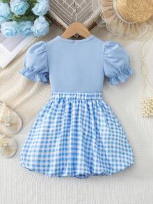 Elladie kids 夏季新款欧美时尚优雅女童套装，白色蝴蝶结装饰粉色圆领泡泡袖T恤+粉白格纹荷叶边半裙，适合日常、通勤、上学等场合穿着。 - 淺藍色 - 查看 2
