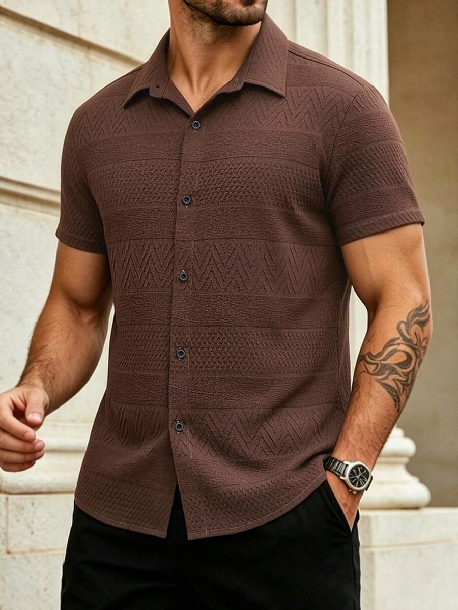 Manfinity Homme Áo sơ mi nam tay ngắn, màu trơn, kiểu dáng casual, cài cúc, thích hợp làm quà tặng cho bạn trai. - Màu nâu Sô-cô-la - Xem 1