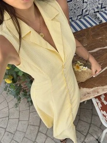SHEIN Unity Blue & White Striped Collared Button-Front Sleeveless A-Line Dress, Elegant For Commute, Daily Wear, Dates In Summer - Yellow - View 5