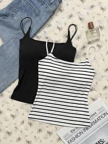 Attitoon Bộ 2 áo tank top nữ màu đen trắng tối giản, có đệm ngực, thích hợp cho mùa hè. - Nhiều màu - Xem 2