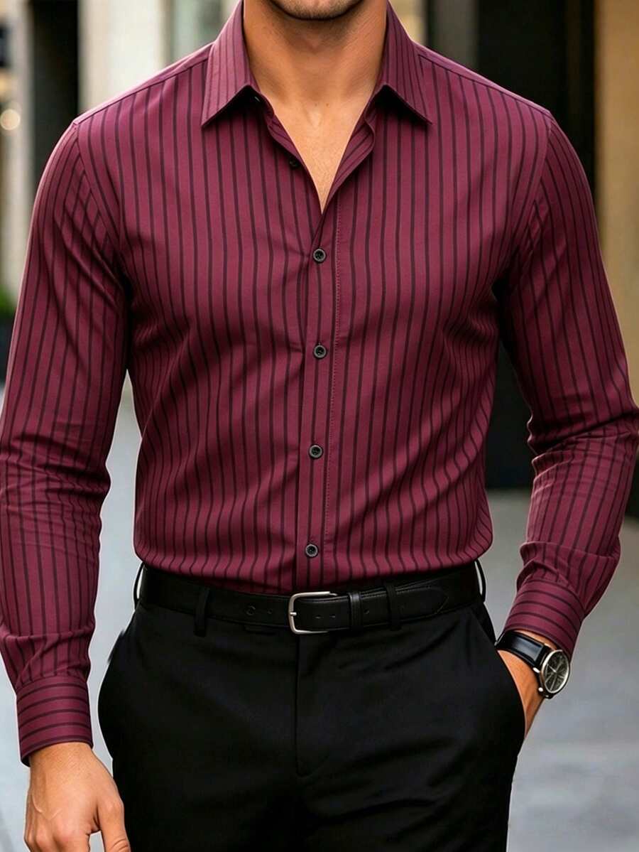 Manfinity Mode Men's Burgundy Striped Long Sleeve Shirt Collar Business Commuting Top In Polyester Tuxedo, Formal, Ceremony - Burgundy - View 1