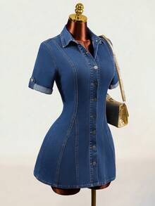 Đầm denim nữ mùa hè kiểu dáng thường ngày, tay áo xắn gập, eo thắt, cài khuy đơn. - Màu xanh lam - Xem 4