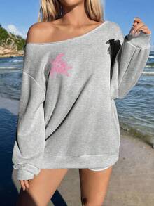 SHEIN EZwear Áo sweatshirt dài tay dáng rộng, hở vai, thoải mái dành cho nữ cỡ lớn, in hình rùa biển. - Màu Xám nhạt - Xem 4